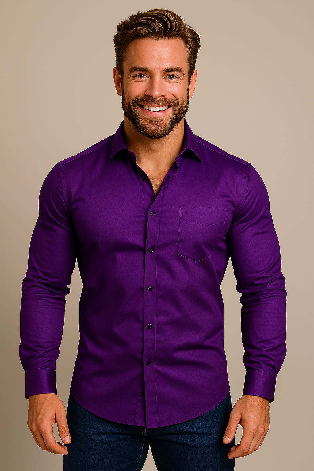 Herreskjorte med lange ærmer – Klassisk struktureret pasform med krølfri finish