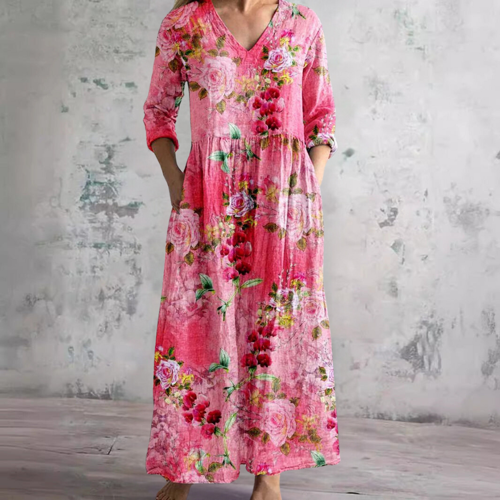 Dame Sommerkjole Med Let V-Udskæring Og Blomsterprint