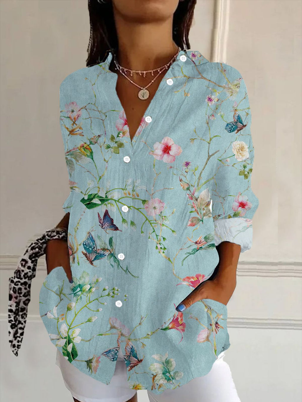 Dameskjorte med Præget 3D-Blomstermønster og Lange Ærmer | Festbluse & Elegancestil