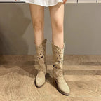 Broderede Cowboystøvler Dame – Knæhøj Chunky Hæl, Vintage Western, PU-læder