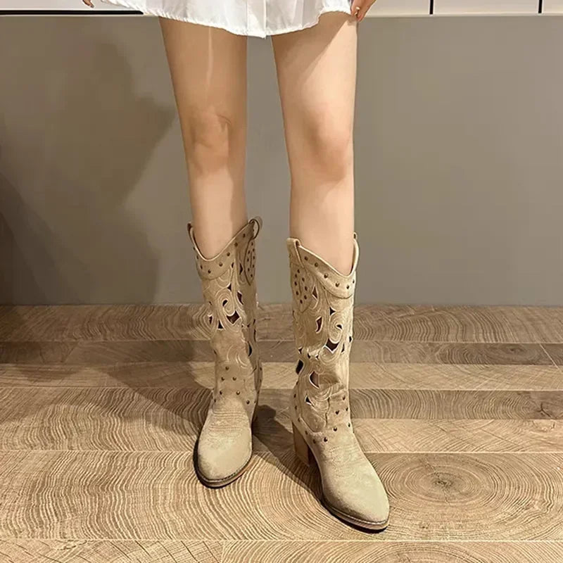 Broderede Cowboystøvler Dame – Knæhøj Chunky Hæl, Vintage Western, PU-læder
