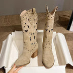Broderede Cowboystøvler Dame – Knæhøj Chunky Hæl, Vintage Western, PU-læder