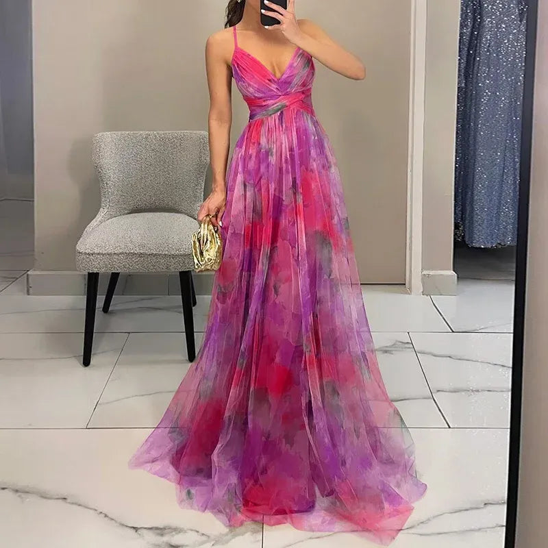Blomstret Chiffon Maxi Kjole med Krydset Talje | Sommer- & Dimissionskjole
