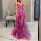 Blomstret Chiffon Maxi Kjole med Krydset Talje | Sommer- & Dimissionskjole