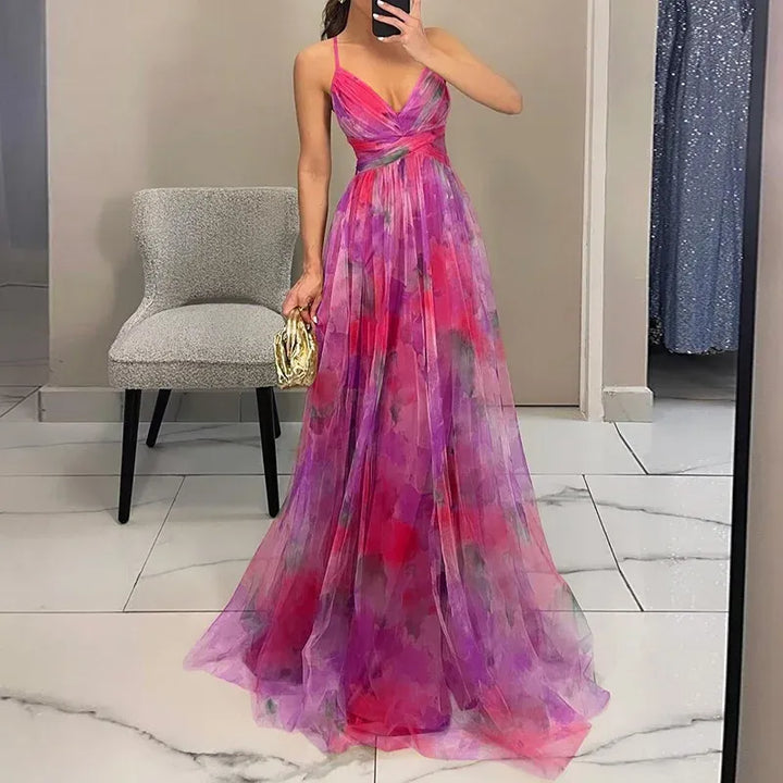 Blomstret Chiffon Maxi Kjole med Krydset Talje | Sommer- & Dimissionskjole