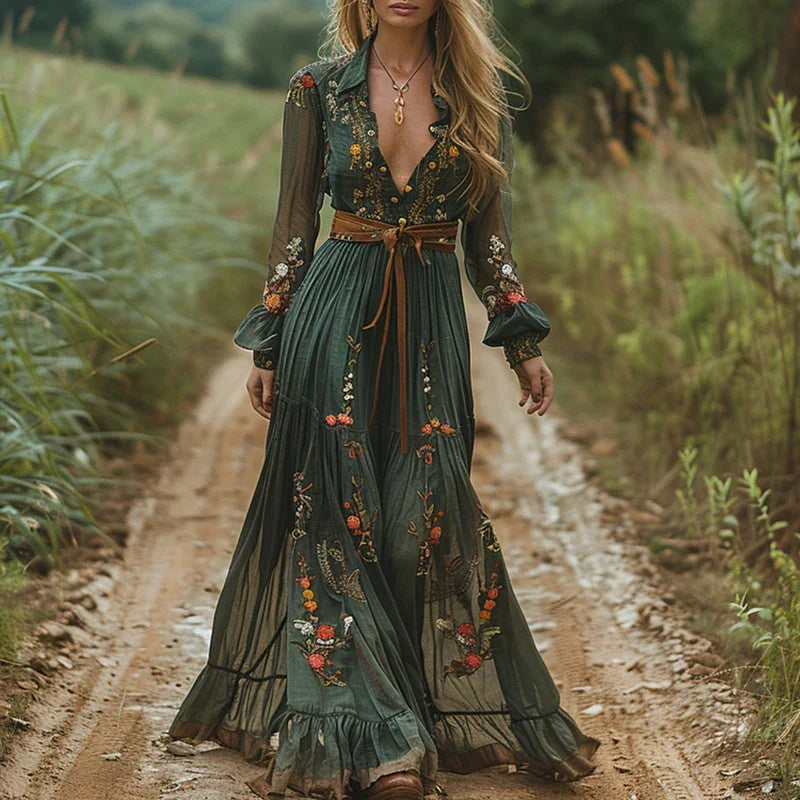 Bohemian Floral Maxi Kjole | Sommerkjole med Broderi & Gennemsigtige Pufærmer