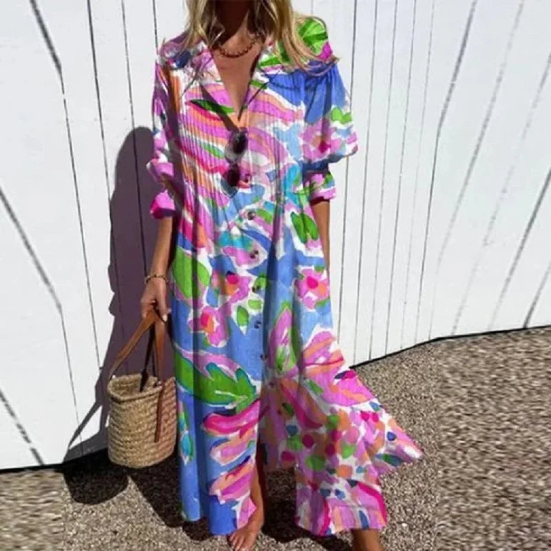 Strandkjole Maxi | Blomstret Sommerkjole Dame med V-Hals & Flæseskørt