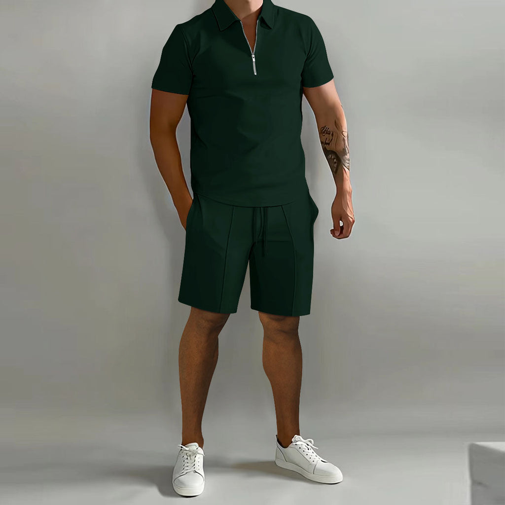 Herre Sommer To-delt Sæt med Lynlås Polo T-shirt og Shorts