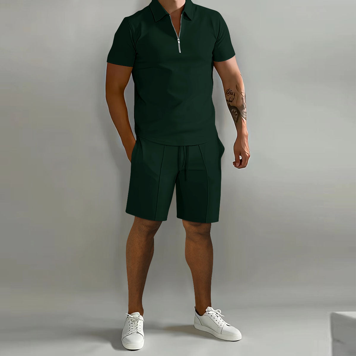 Herre Sommer To-delt Sæt med Lynlås Polo T-shirt og Shorts