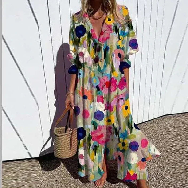 Strandkjole Maxi | Blomstret Sommerkjole Dame med V-Hals & Flæseskørt