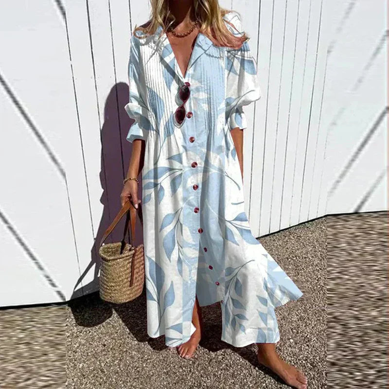 Strandkjole Maxi | Blomstret Sommerkjole Dame med V-Hals & Flæseskørt