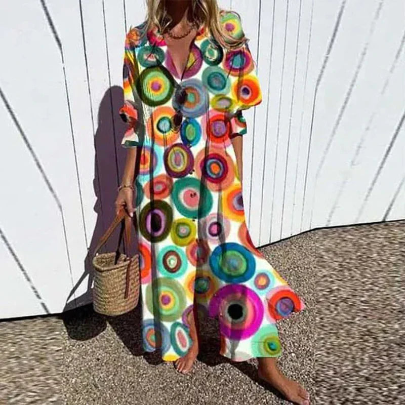 Strandkjole Maxi | Blomstret Sommerkjole Dame med V-Hals & Flæseskørt