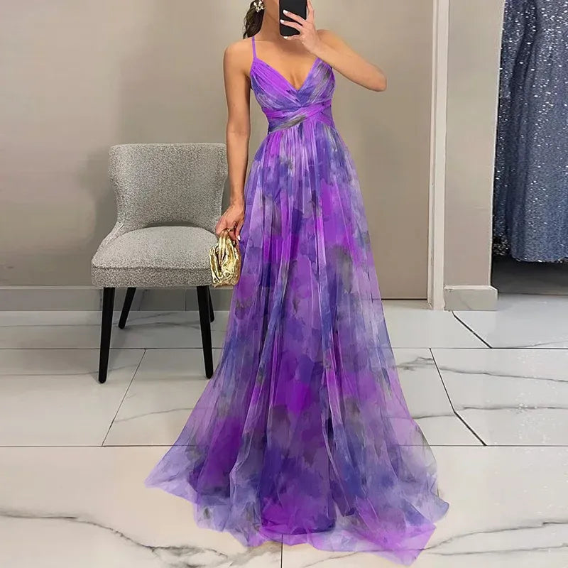 Blomstret Chiffon Maxi Kjole med Krydset Talje | Sommer- & Dimissionskjole