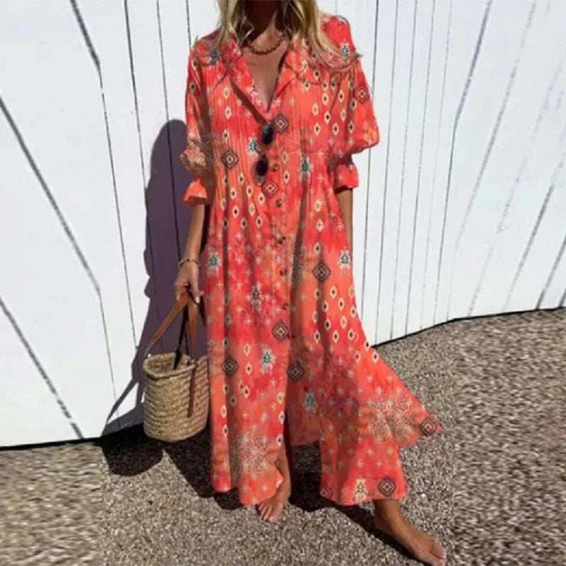 Strandkjole Maxi | Blomstret Sommerkjole Dame med V-Hals & Flæseskørt