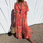 Strandkjole Maxi | Blomstret Sommerkjole Dame med V-Hals & Flæseskørt