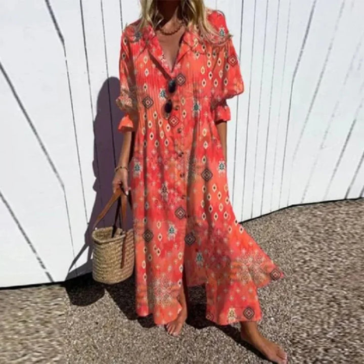 Strandkjole Maxi | Blomstret Sommerkjole Dame med V-Hals & Flæseskørt