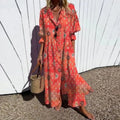 Strandkjole Maxi | Blomstret Sommerkjole Dame med V-Hals & Flæseskørt