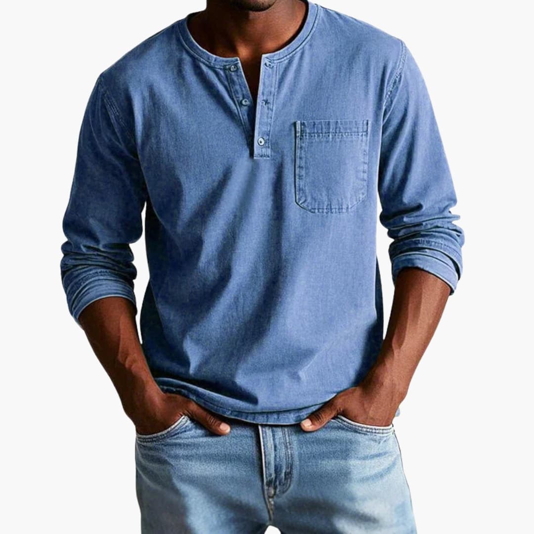 Herre Langærmet T-shirt med Rund Hals og Brystlomme