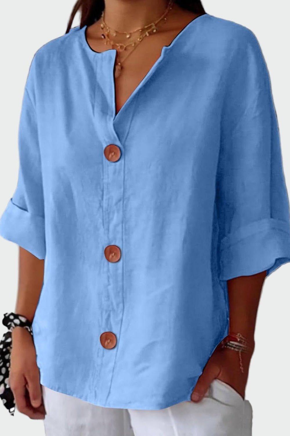 Løs Knapbluse i Hør-Look med V-Hals | Afslappet Hverdagsbluse & Feriebluse
