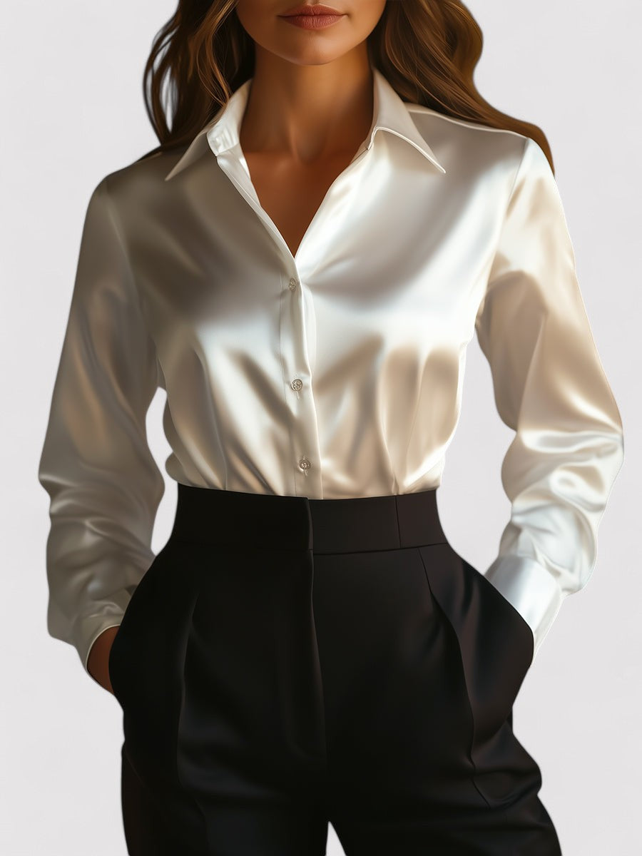 Kvinders Elegante Satin Langærmet Bluse