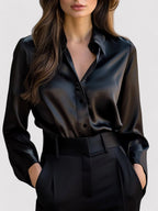 Kvinders Elegante Satin Langærmet Bluse
