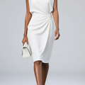 Kvinders Keyhole Hals Midi Cocktailkjole – Elegant Rynket Talje Design
