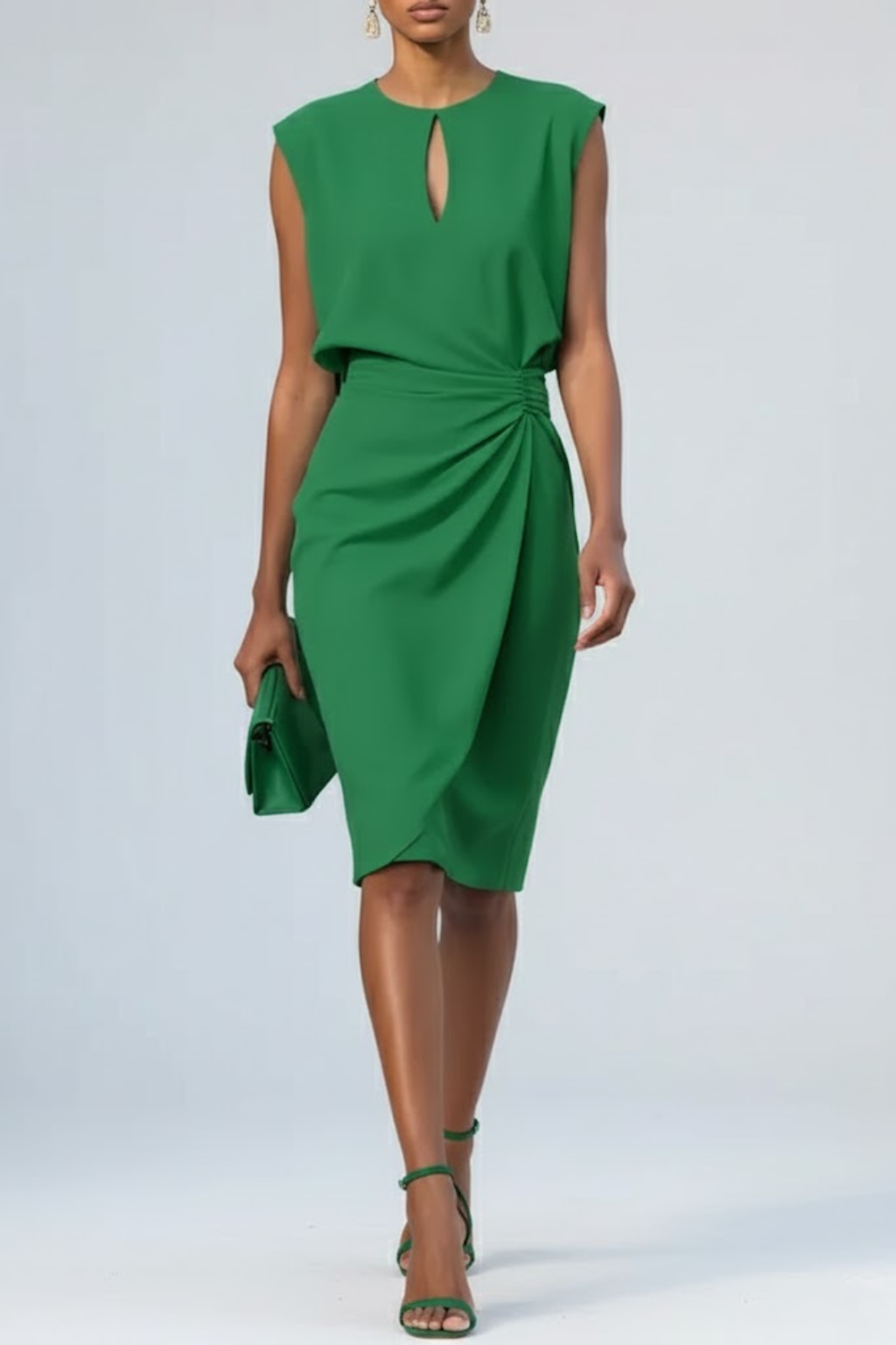 Kvinders Keyhole Hals Midi Cocktailkjole – Elegant Rynket Talje Design