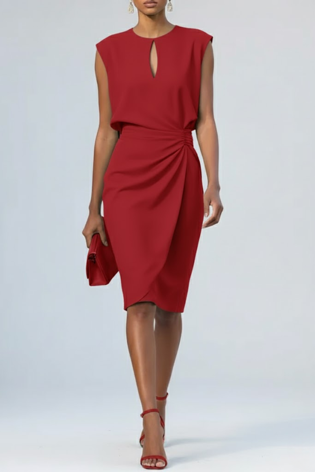 Kvinders Keyhole Hals Midi Cocktailkjole – Elegant Rynket Talje Design