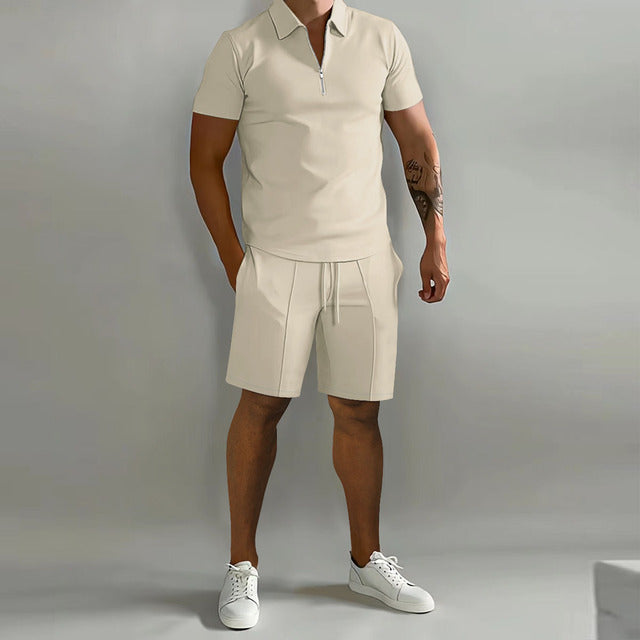 Herre Sommer To-delt Sæt med Lynlås Polo T-shirt og Shorts