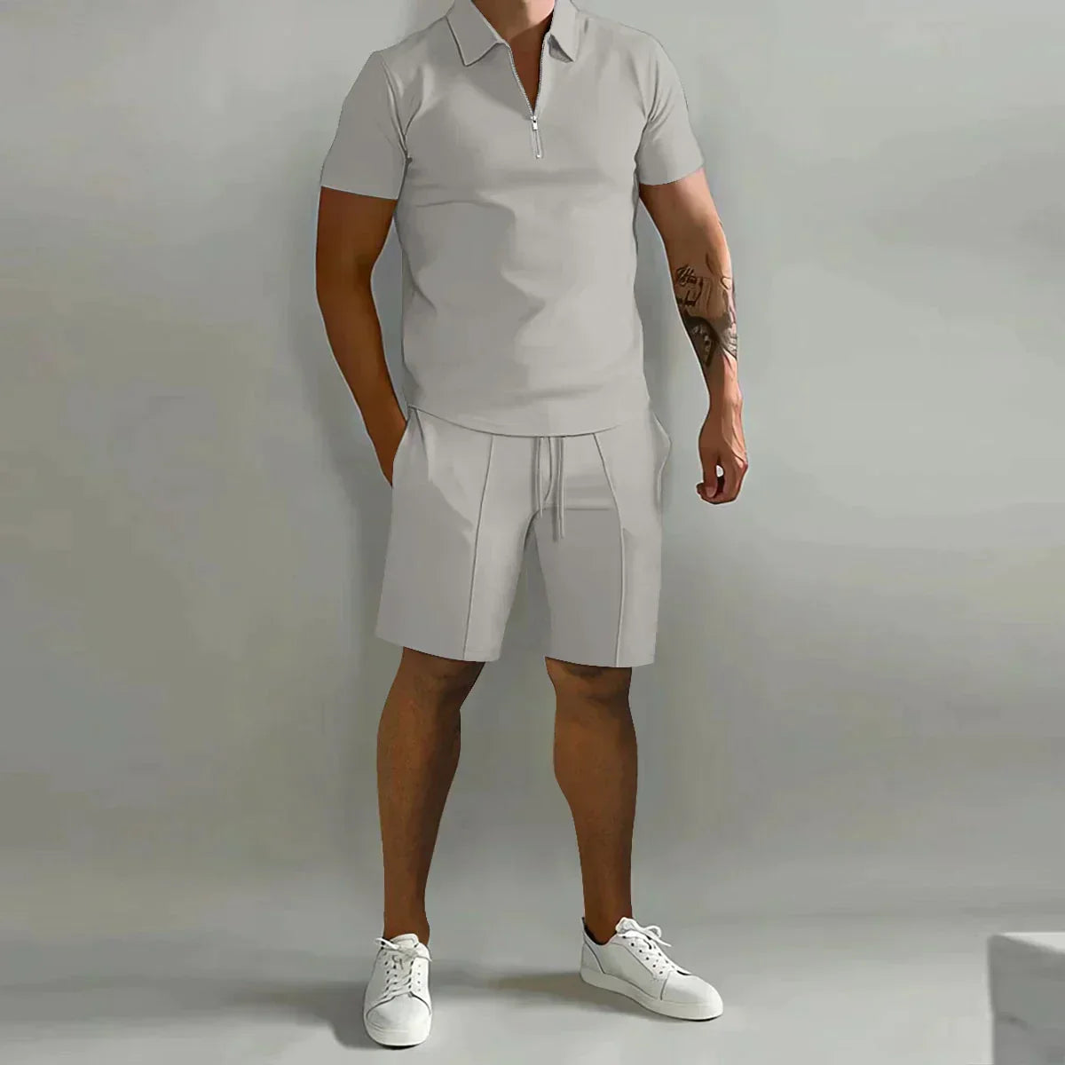 Herre Sommer To-delt Sæt med Lynlås Polo T-shirt og Shorts