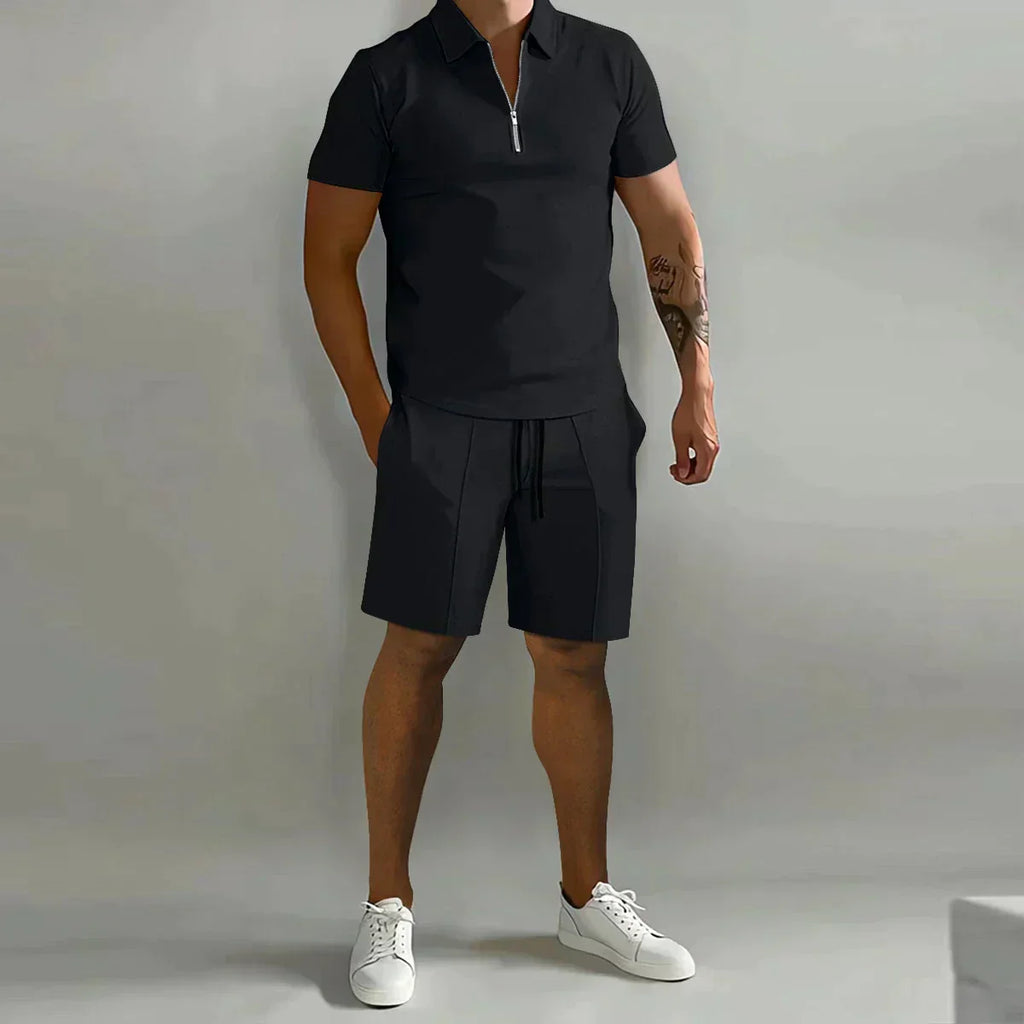 Herre Sommer To-delt Sæt med Lynlås Polo T-shirt og Shorts