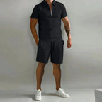 Herre Sommer To-delt Sæt med Lynlås Polo T-shirt og Shorts