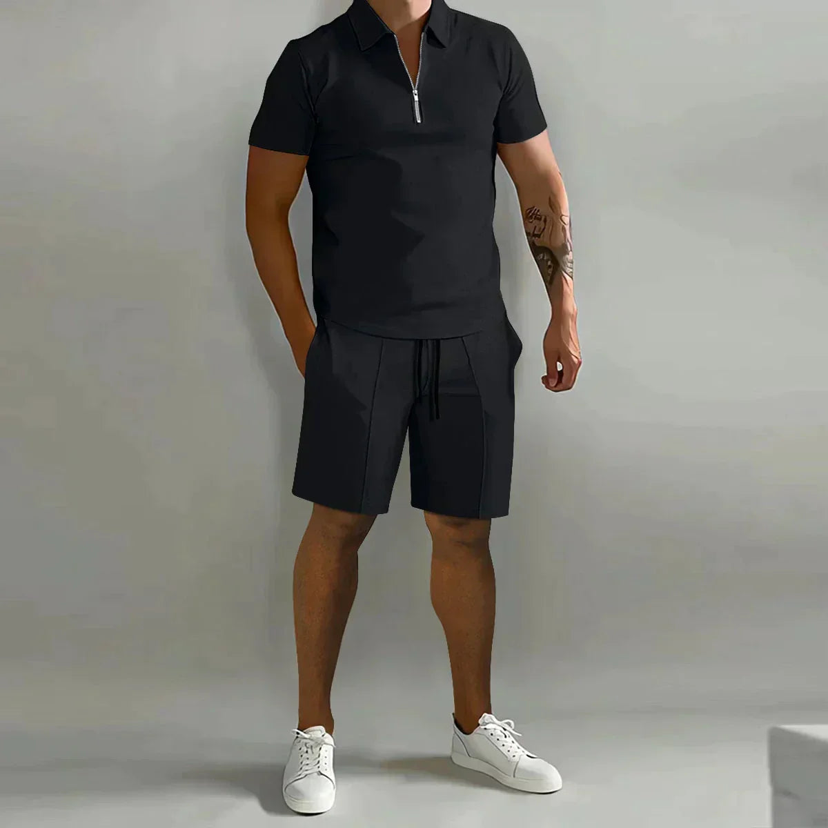 Herre Sommer To-delt Sæt med Lynlås Polo T-shirt og Shorts