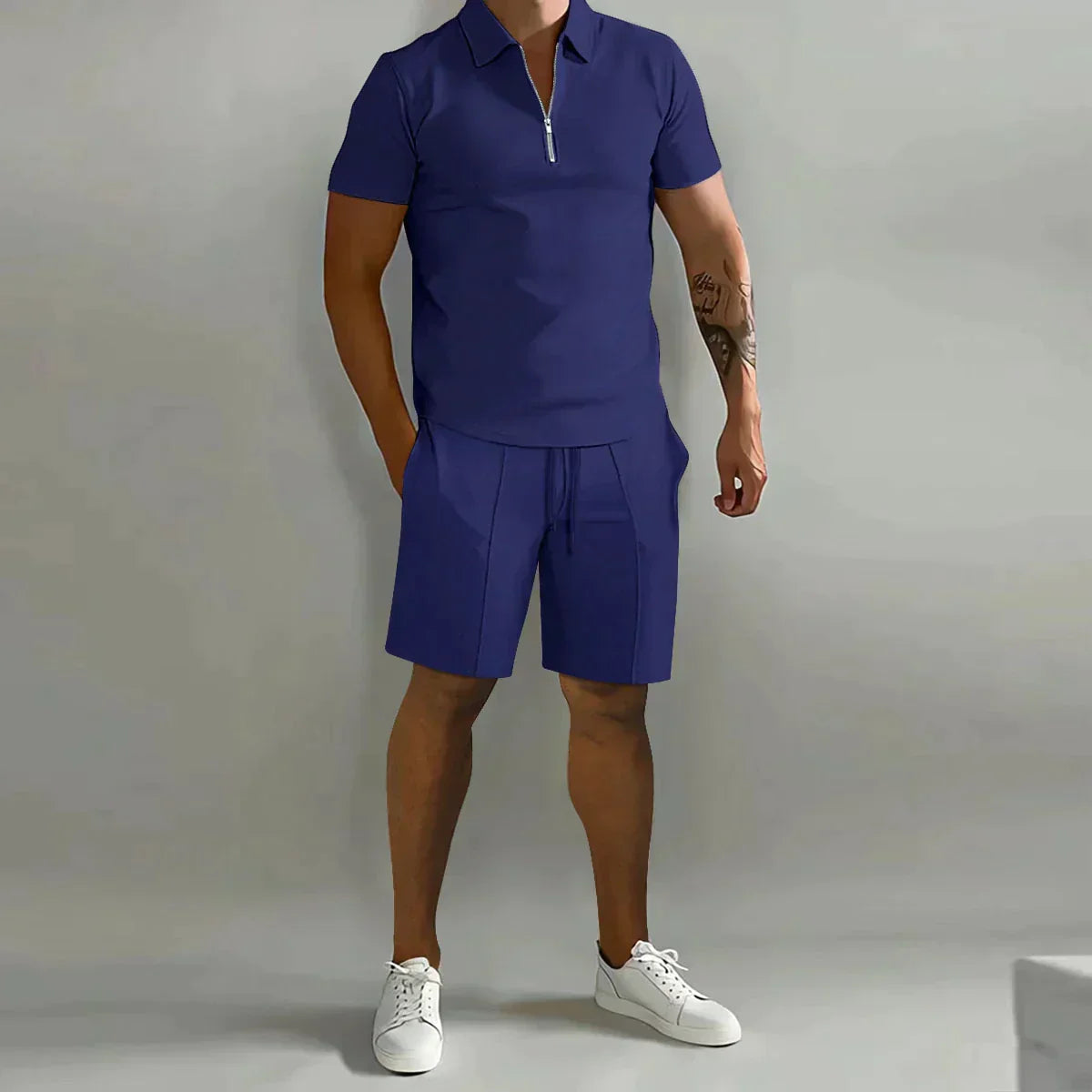Herre Sommer To-delt Sæt med Lynlås Polo T-shirt og Shorts