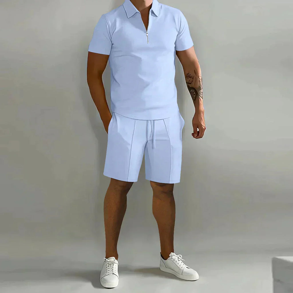 Herre Sommer To-delt Sæt med Lynlås Polo T-shirt og Shorts