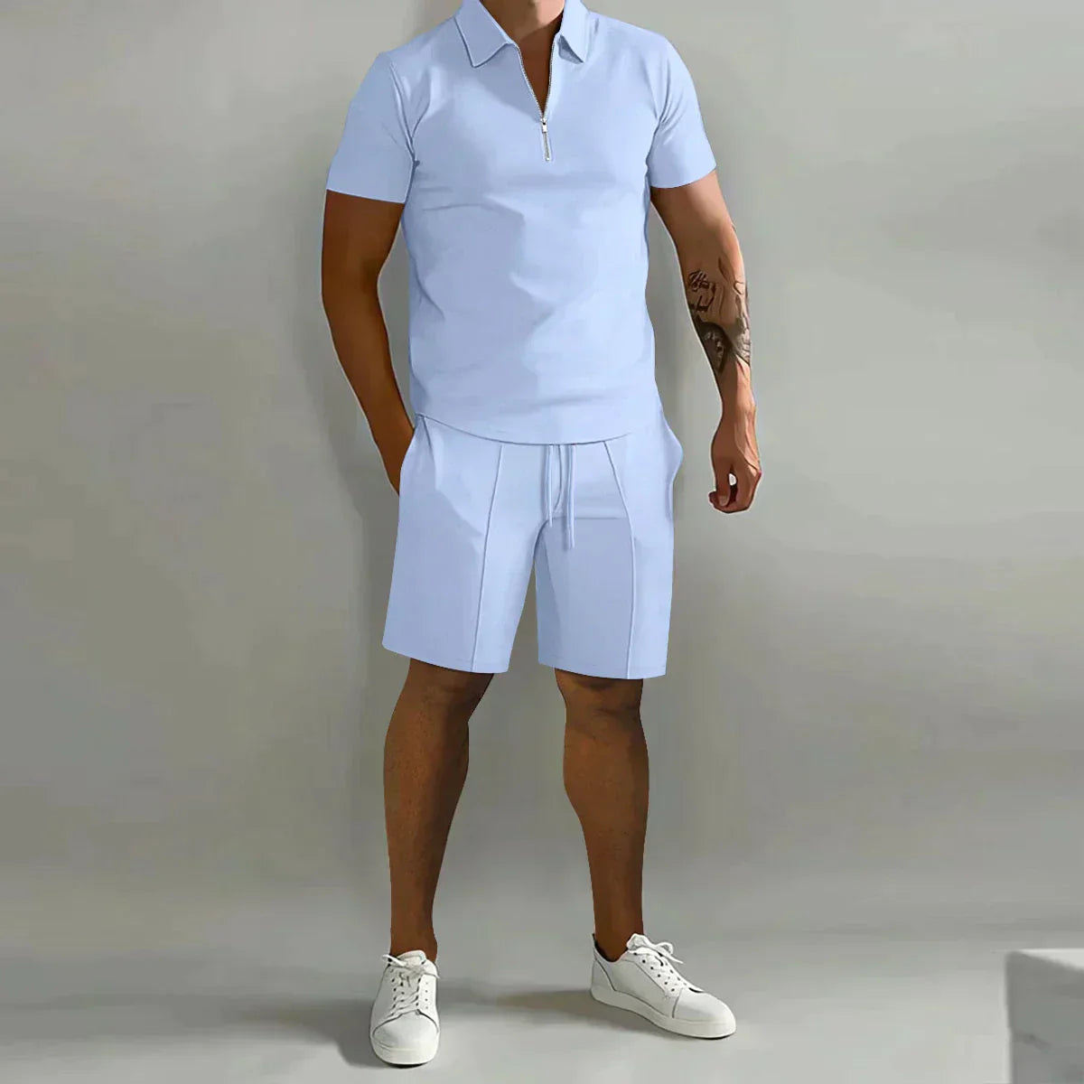 Herre Sommer To-delt Sæt med Lynlås Polo T-shirt og Shorts