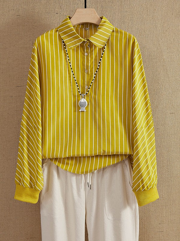 Stribet Skjortebluse med Halvknaplukning og Lange Ærmer | Casual Bluse & Sommerbluse