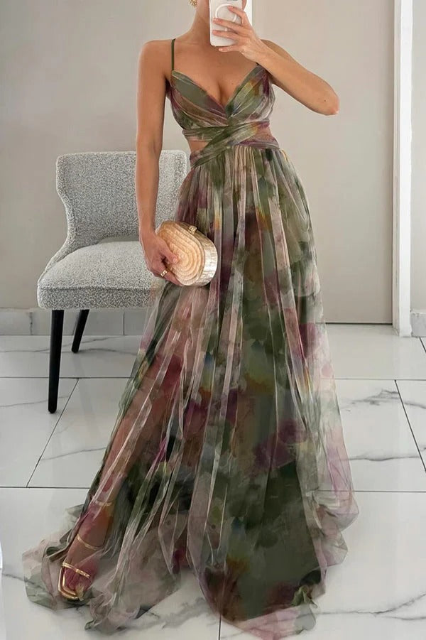 Blomstret Chiffon Maxi Kjole med Krydset Talje | Sommer- & Dimissionskjole