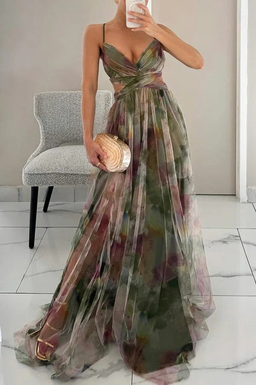 Blomstret Chiffon Maxi Kjole med Krydset Talje | Sommer- & Dimissionskjole