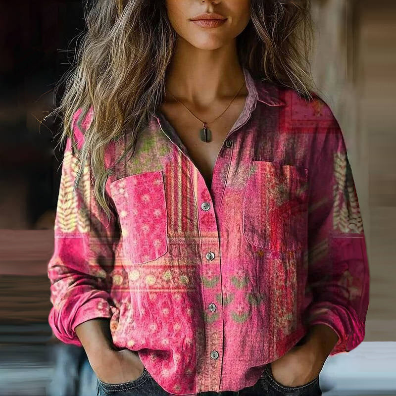 Bohemian Vintage Bluse Dame | Langærmet Skjorte med Paisley Mønster & Knapper