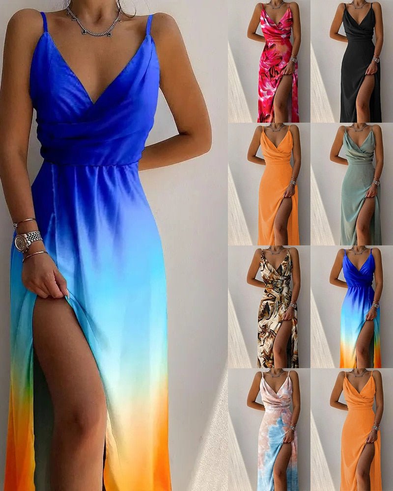 Blomstret Maxi Kjole med Dyb V-Hals & Slids | Sommer- & Dimissionskjole