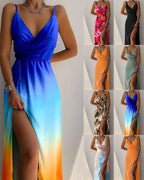 Blomstret Maxi Kjole med Dyb V-Hals & Slids | Sommer- & Dimissionskjole