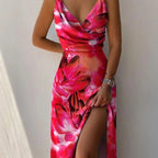 Blomstret Maxi Kjole med Dyb V-Hals & Slids | Sommer- & Dimissionskjole