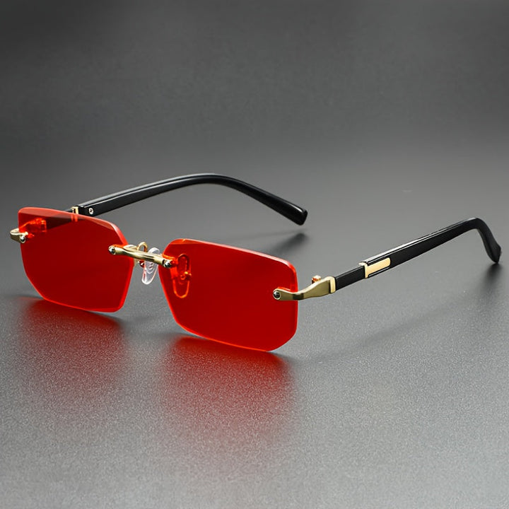 Herre Metal Stel Solbriller Rimless Rektangulær med Sorte Acetate Stænger og Guld Detaljer