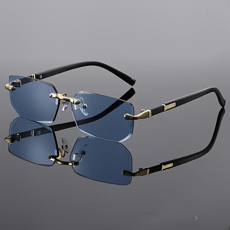 Herre Metal Stel Solbriller Rimless Rektangulær med Sorte Acetate Stænger og Guld Detaljer