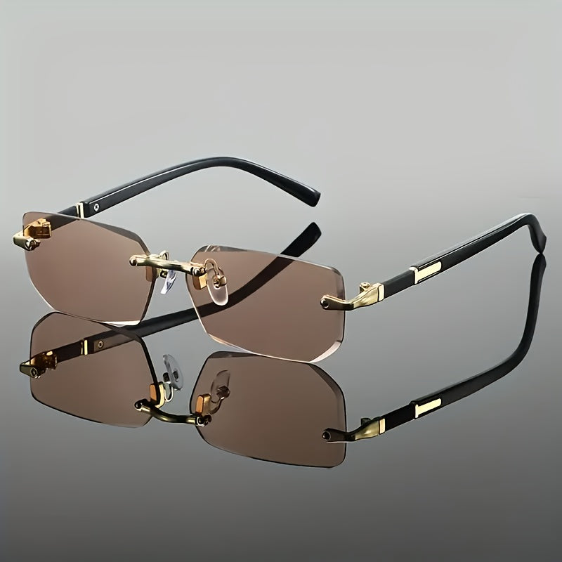 Herre Metal Stel Solbriller Rimless Rektangulær med Sorte Acetate Stænger og Guld Detaljer