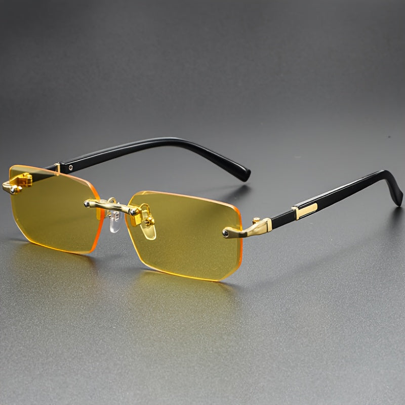 Herre Metal Stel Solbriller Rimless Rektangulær med Sorte Acetate Stænger og Guld Detaljer