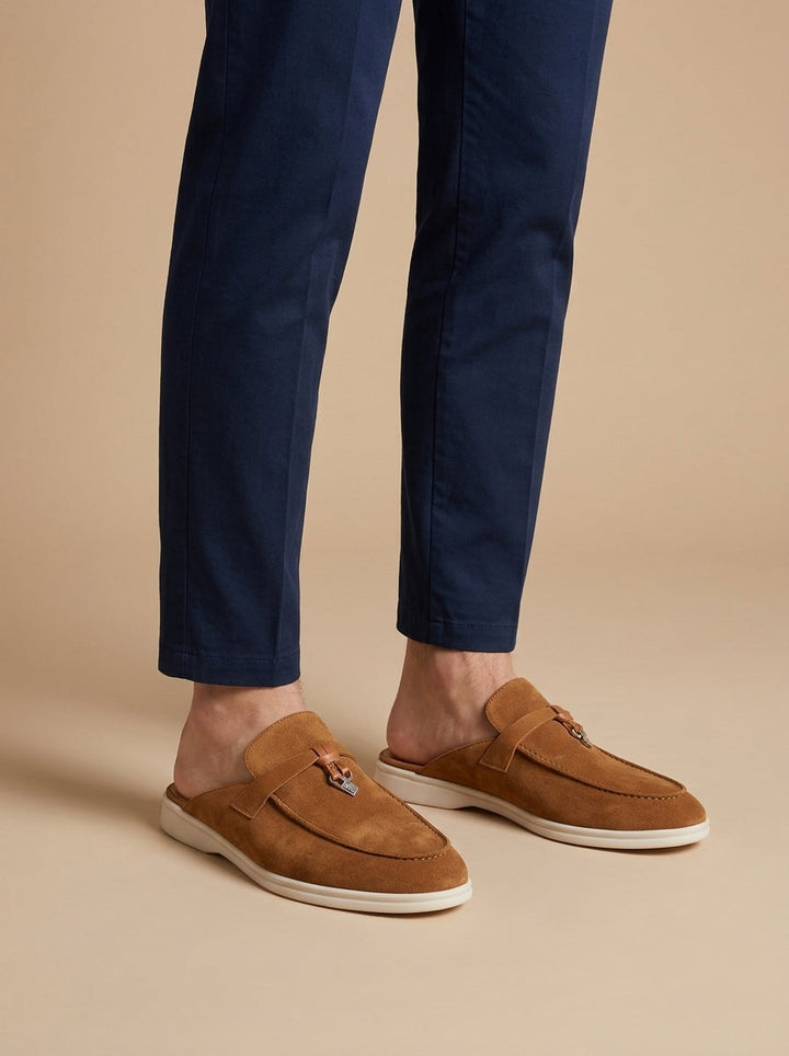 Herre Suede Mule Loafers - Åben Bag - Metal Bar Detalje - Flad Gummisål