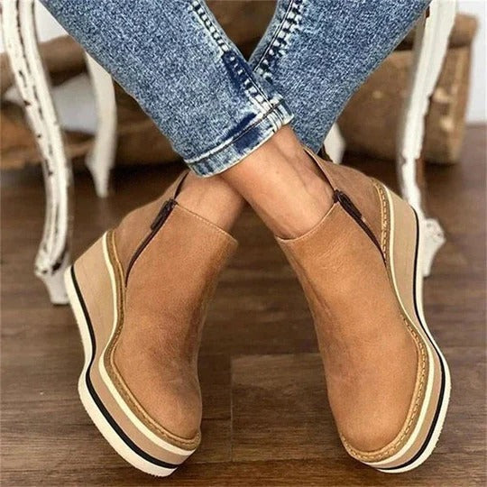 Dame Læder Lav Ankelstøvle Platform med Sidezipper Chunky Sål og Rund Tå