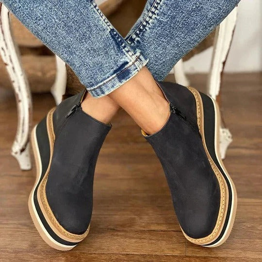 Dame Læder Lav Ankelstøvle Platform med Sidezipper Chunky Sål og Rund Tå